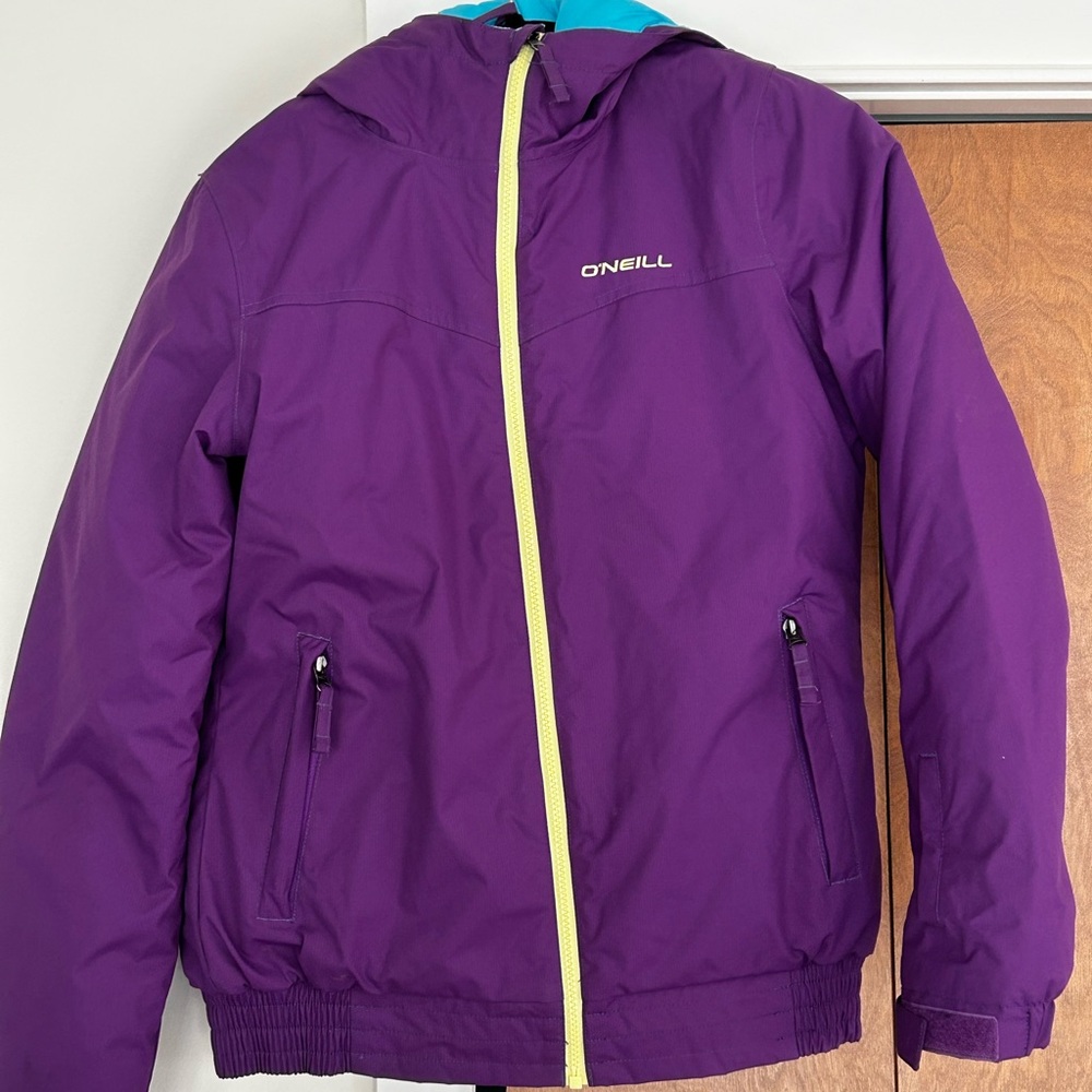 O'Neill Girls Purple & Yellow Puffer Ski/Snowboard Jacket Sz14 w/attached hood